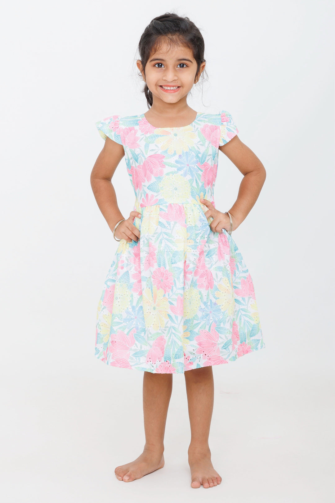 The Nesavu Girls Cotton Frock Girls Multicolor Floral Frock with Flutter Sleeves for Casual and Outdoor Events Nesavu 20 (3Y) / multicolor GFC1420B-20 Nesavu Girls Multicolor Cotton Floral Frock Flutter Sleeves Summer Casual Events