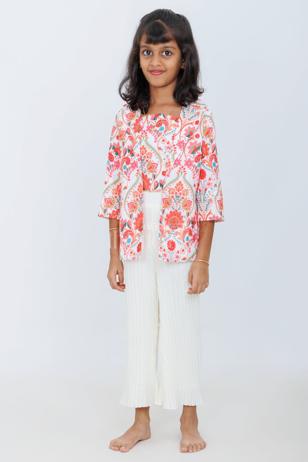 The Nesavu Girls Sharara / Plazo Set Girls Multicolor Floral Jacket with Cream Pleated Culottes for Daytime Outings and Casual Events Nesavu 18 (2Y) / multicolor GPS409A-18 Nesavu Girls Multicolor Floral Jacket Cream Pleated Culottes Set Casual Events