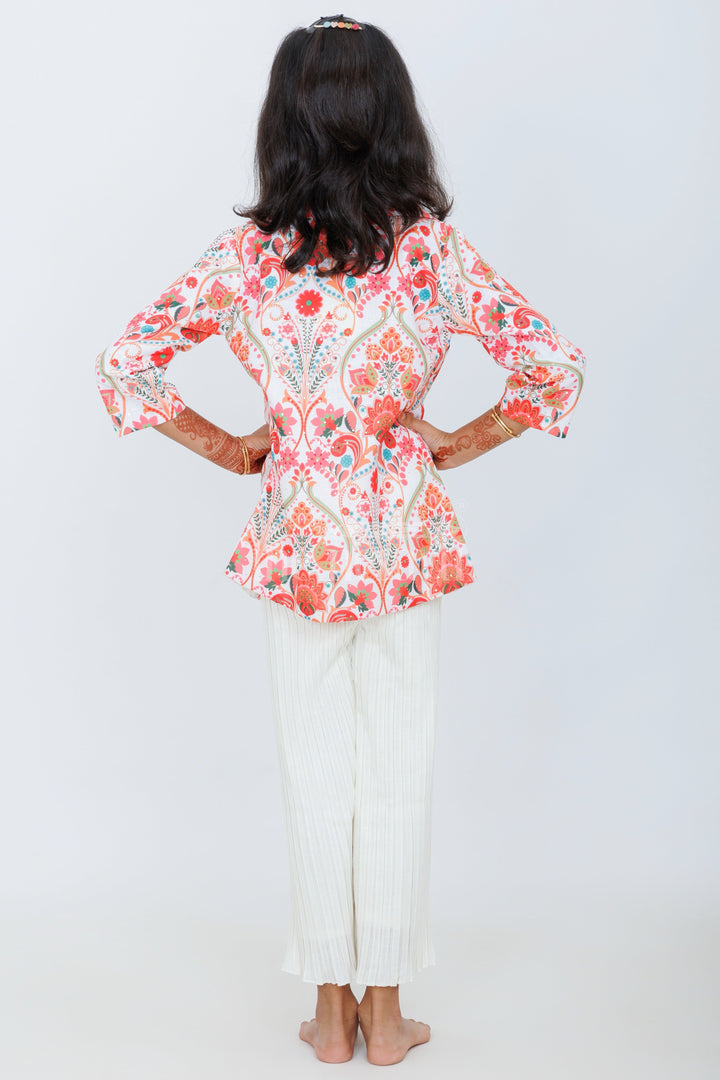 The Nesavu Girls Sharara / Plazo Set Girls Multicolor Floral Jacket with Cream Pleated Culottes for Daytime Outings and Casual Events Nesavu Nesavu Girls Multicolor Floral Jacket Cream Pleated Culottes Set Casual Events