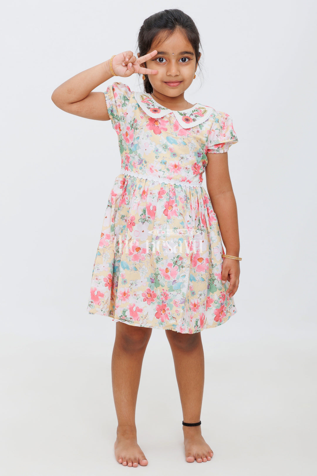 The Nesavu Girls Cotton Frock Girls Multicolor Floral Peter Pan Collar Frock with Puff Sleeves - Playful Party Dress Nesavu 18 (2Y) / multicolor GFC1407A-18 Nesavu Girls Multicolor Floral Frock Peter Pan Collar Puff Sleeves Parties