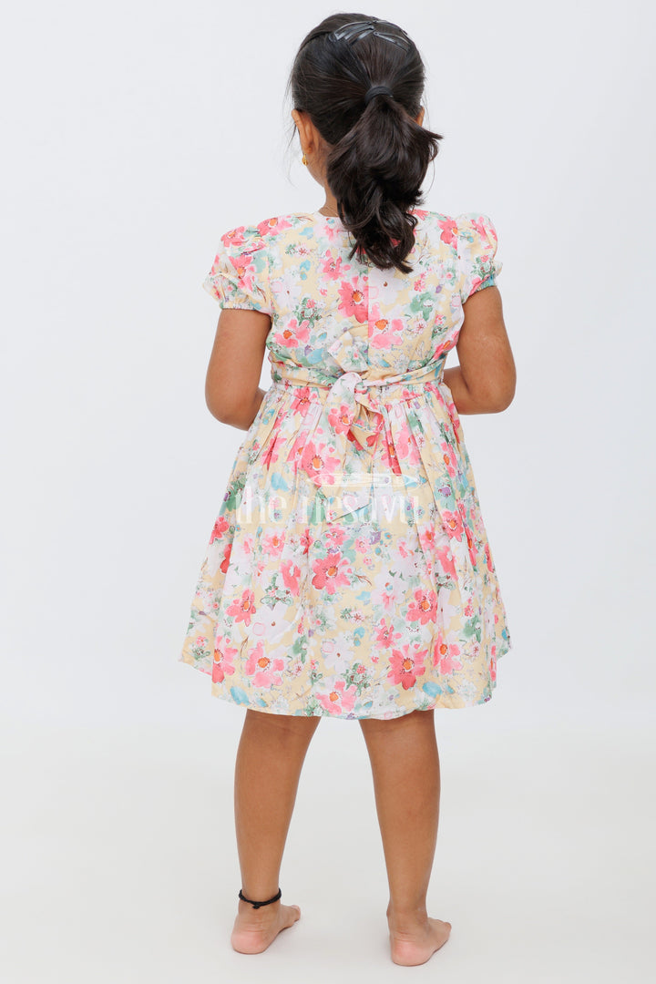 The Nesavu Girls Cotton Frock Girls Multicolor Floral Peter Pan Collar Frock with Puff Sleeves - Playful Party Dress Nesavu Nesavu Girls Multicolor Floral Frock Peter Pan Collar Puff Sleeves Parties