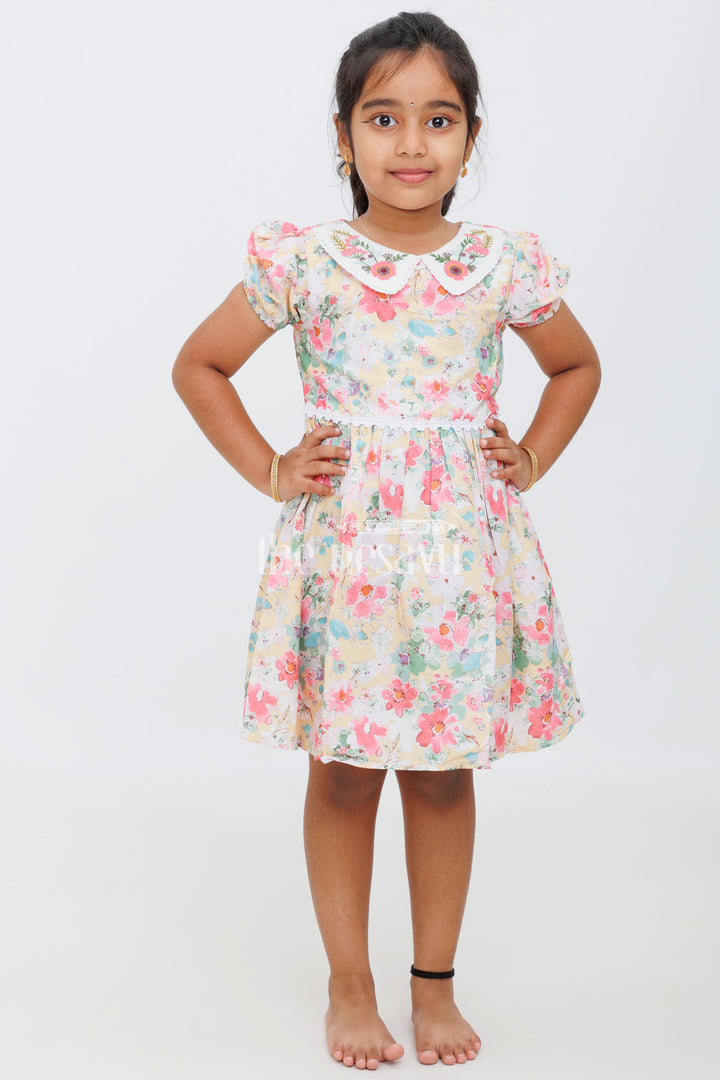 The Nesavu Girls Cotton Frock Girls Multicolor Floral Peter Pan Collar Frock with Puff Sleeves - Playful Party Dress Nesavu Nesavu Girls Multicolor Floral Frock Peter Pan Collar Puff Sleeves Parties