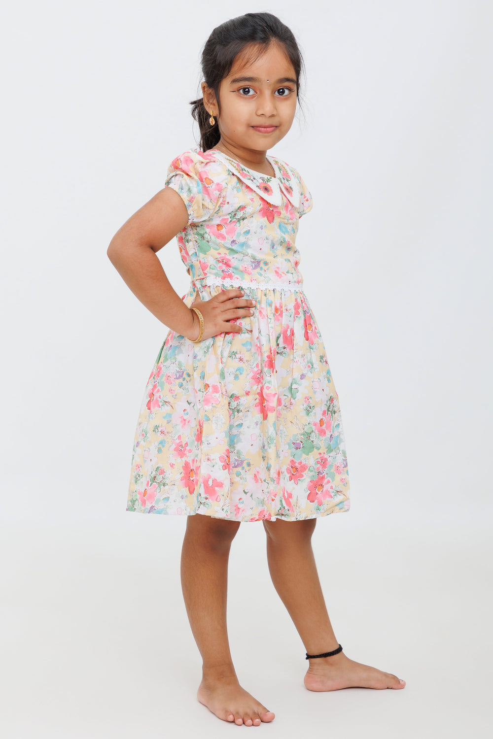The Nesavu Girls Cotton Frock Girls Multicolor Floral Peter Pan Collar Frock with Puff Sleeves - Playful Party Dress Nesavu Nesavu Girls Multicolor Floral Frock Peter Pan Collar Puff Sleeves Parties