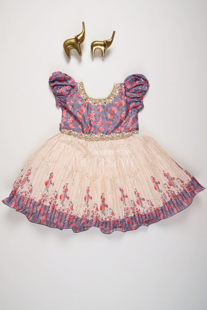 The Nesavu Silk Party Frock Girls Multicolor Floral Silk Party Frock with Puff Sleeves and Pleated Skirt Nesavu 18 (2Y) / multicolor SF933B-18 Nesavu Multicolor Floral Silk Party Frock Puff Sleeves Embellished Waistline Girls