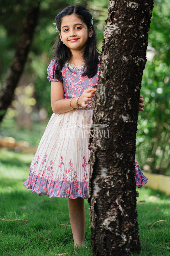 The Nesavu Silk Party Frock Girls Multicolor Floral Silk Party Frock with Puff Sleeves and Pleated Skirt Nesavu Nesavu Multicolor Floral Silk Party Frock Puff Sleeves Embellished Waistline Girls