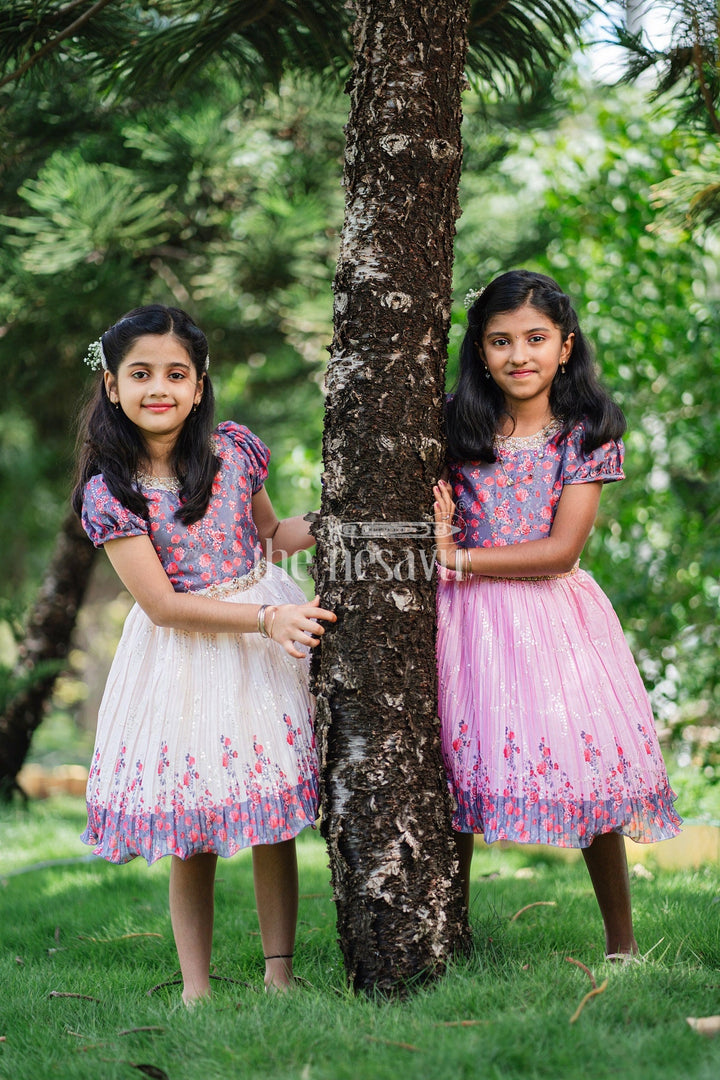 The Nesavu Silk Party Frock Girls Multicolor Floral Silk Party Frock with Puff Sleeves and Pleated Skirt Nesavu Nesavu Multicolor Floral Silk Party Frock Puff Sleeves Embellished Waistline Girls