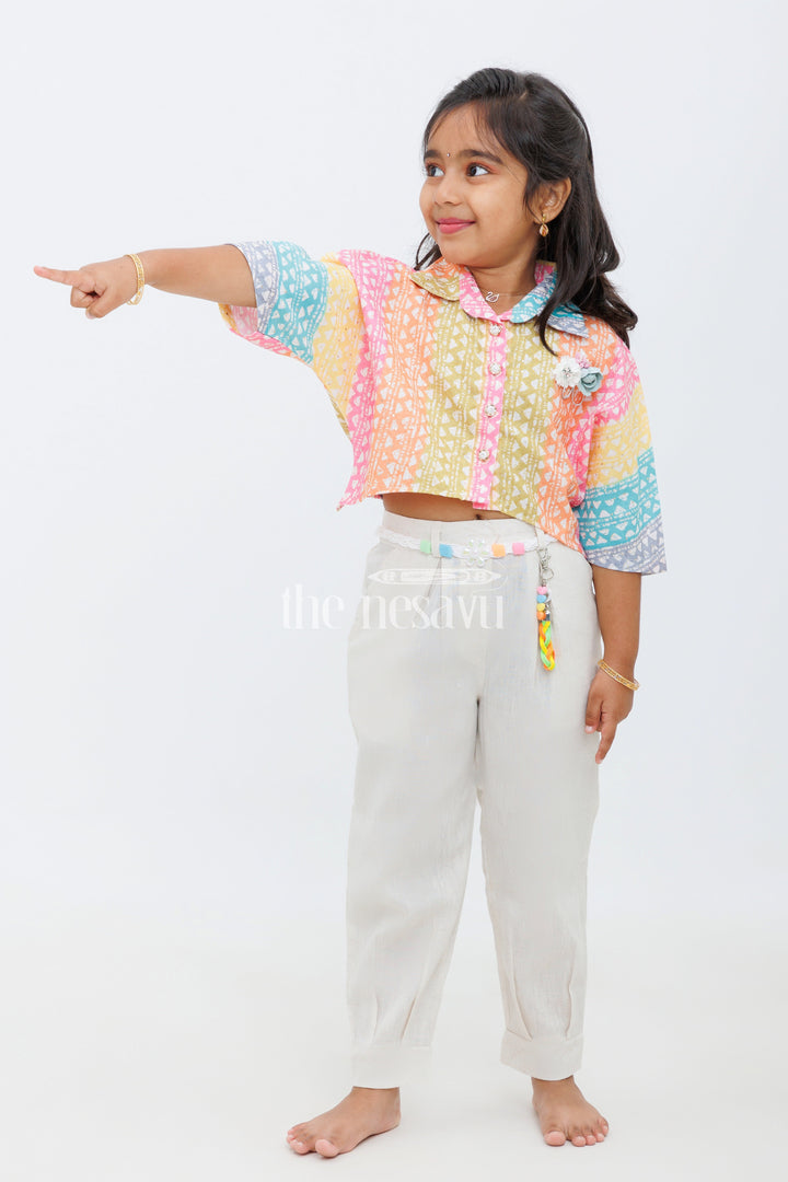 The Nesavu Girls Sharara / Plazo Set Girls Multicolor Geometric Print Cropped Top with Beige Trousers and Braided Belt for Casual Outings Nesavu 16 (1Y) / multicolor GPS404A-16 Nesavu Girls Multicolor Geometric Print Cropped Top Beige Trousers Set Braided Belt Daytime Outings