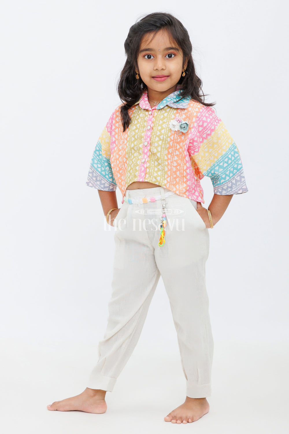 The Nesavu Girls Sharara / Plazo Set Girls Multicolor Geometric Print Cropped Top with Beige Trousers and Braided Belt for Casual Outings Nesavu Nesavu Girls Multicolor Geometric Print Cropped Top Beige Trousers Set Braided Belt Daytime Outings