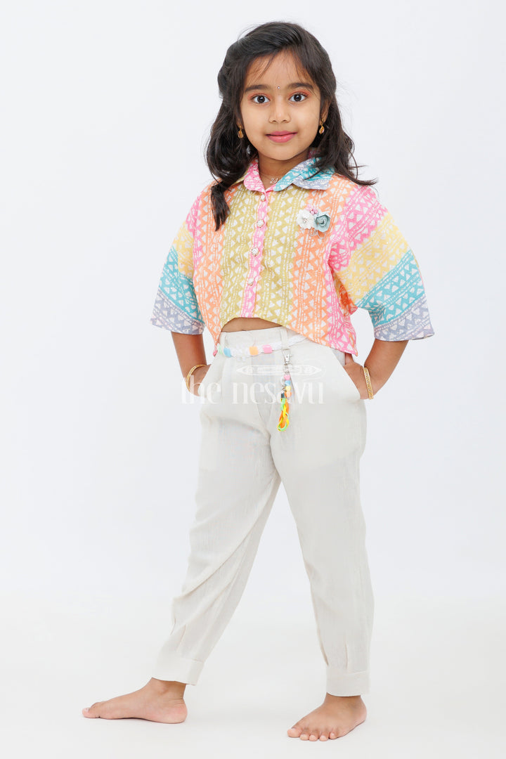 The Nesavu Girls Sharara / Plazo Set Girls Multicolor Geometric Print Cropped Top with Beige Trousers and Braided Belt for Casual Outings Nesavu Nesavu Girls Multicolor Geometric Print Cropped Top Beige Trousers Set Braided Belt Daytime Outings