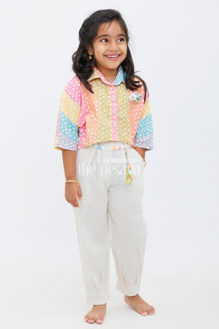 The Nesavu Girls Sharara / Plazo Set Girls Multicolor Geometric Print Cropped Top with Beige Trousers and Braided Belt for Casual Outings Nesavu Nesavu Girls Multicolor Geometric Print Cropped Top Beige Trousers Set Braided Belt Daytime Outings