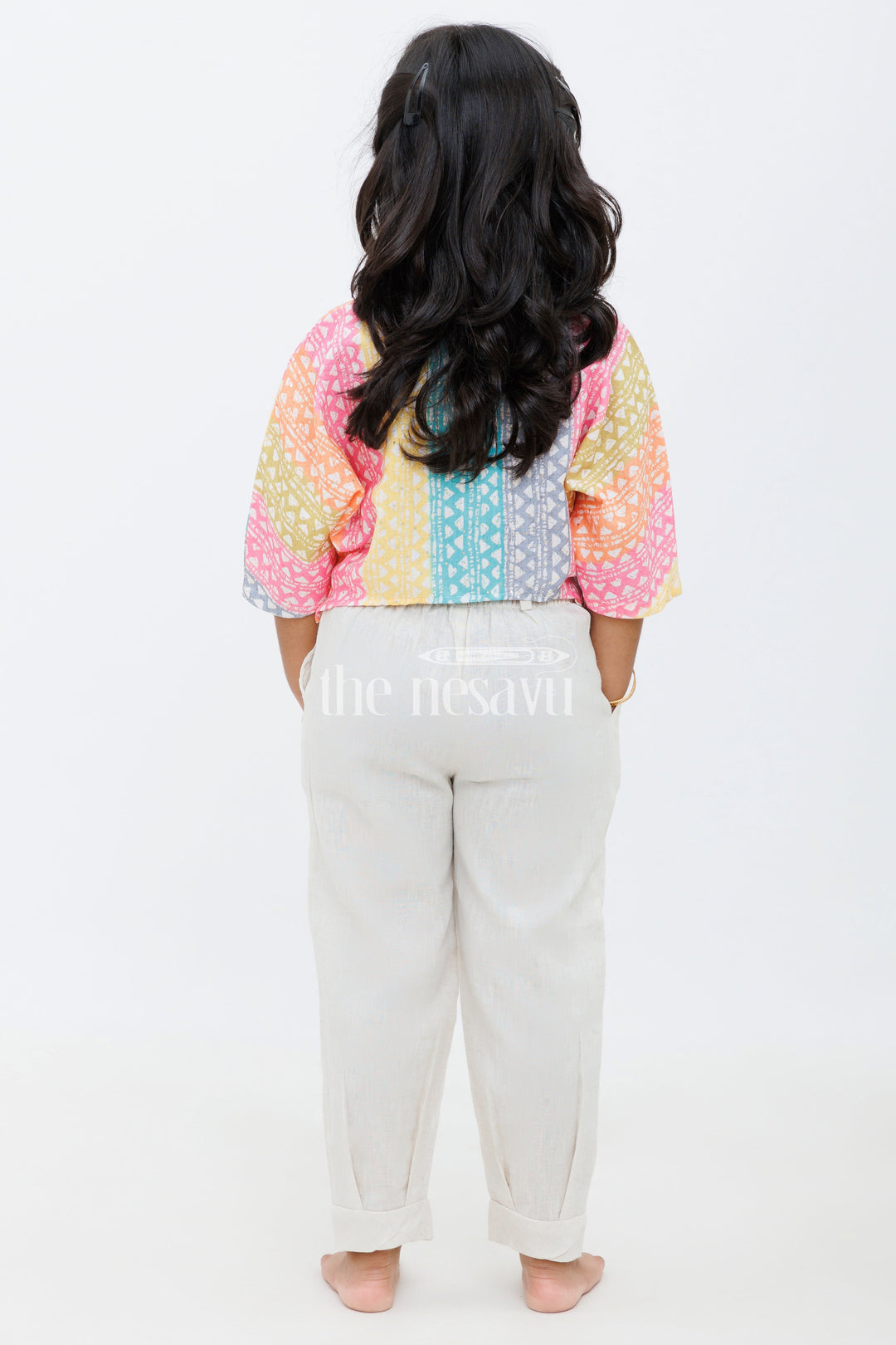 The Nesavu Girls Sharara / Plazo Set Girls Multicolor Geometric Print Cropped Top with Beige Trousers and Braided Belt for Casual Outings Nesavu Nesavu Girls Multicolor Geometric Print Cropped Top Beige Trousers Set Braided Belt Daytime Outings