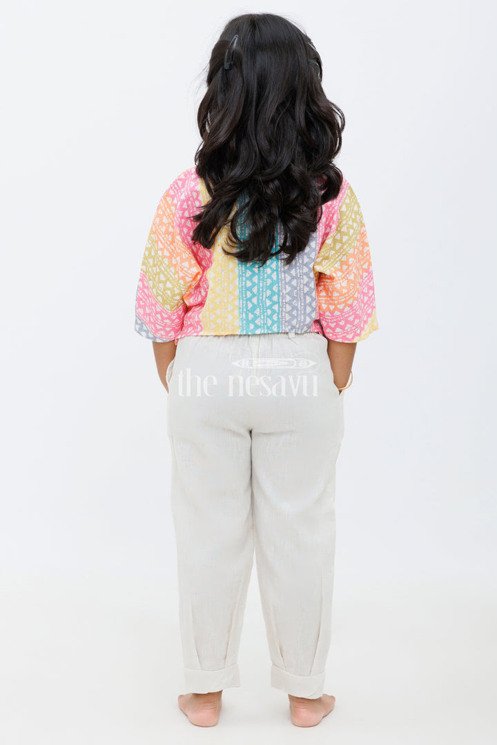 The Nesavu Girls Sharara / Plazo Set Girls Multicolor Geometric Print Cropped Top with Beige Trousers and Braided Belt for Casual Outings Nesavu Nesavu Girls Multicolor Geometric Print Cropped Top Beige Trousers Set Braided Belt Daytime Outings