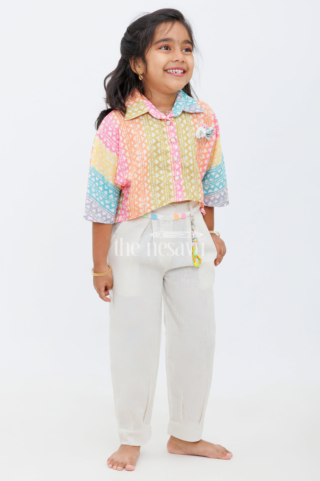 The Nesavu Girls Sharara / Plazo Set Girls Multicolor Geometric Print Cropped Top with Beige Trousers and Braided Belt for Casual Outings Nesavu Nesavu Girls Multicolor Geometric Print Cropped Top Beige Trousers Set Braided Belt Daytime Outings