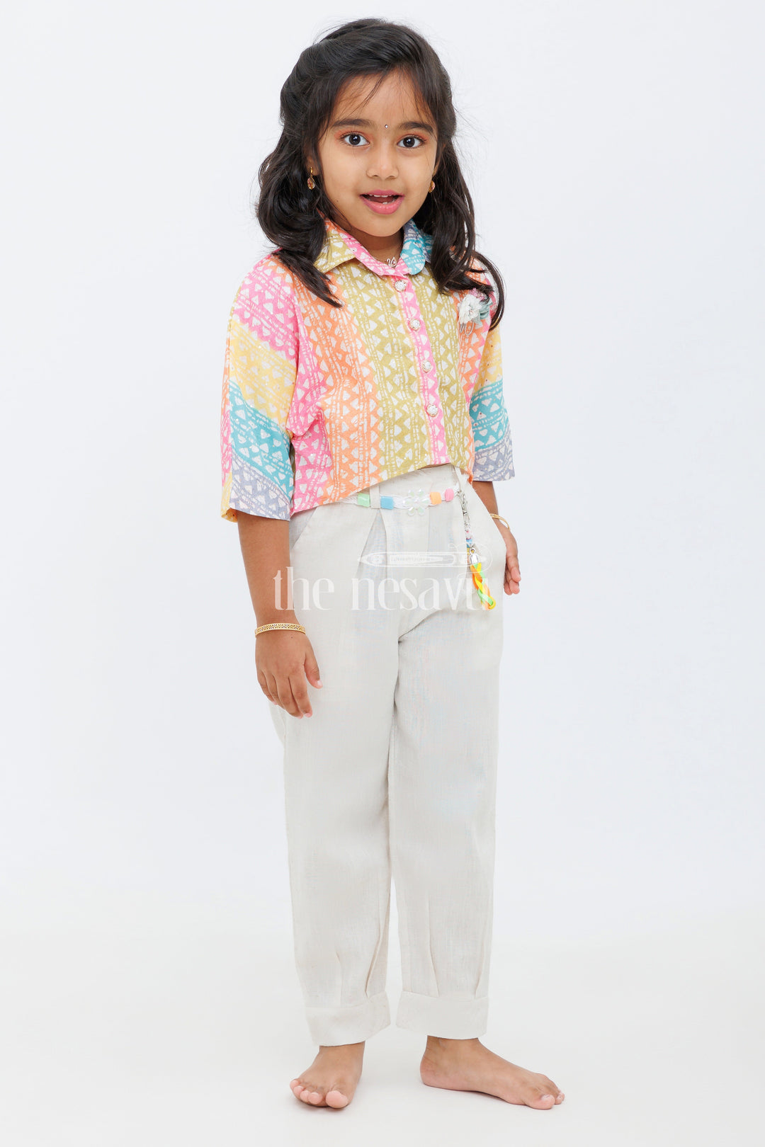 The Nesavu Girls Sharara / Plazo Set Girls Multicolor Geometric Print Cropped Top with Beige Trousers and Braided Belt for Casual Outings Nesavu Nesavu Girls Multicolor Geometric Print Cropped Top Beige Trousers Set Braided Belt Daytime Outings
