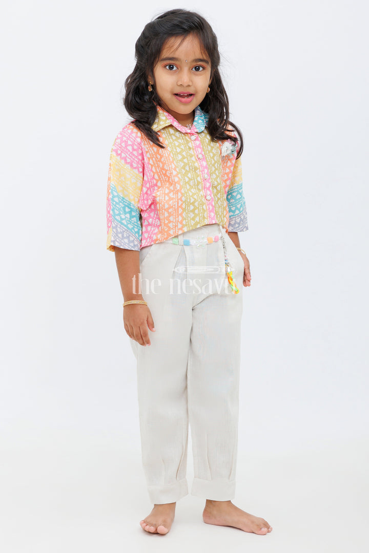 The Nesavu Girls Sharara / Plazo Set Girls Multicolor Geometric Print Cropped Top with Beige Trousers and Braided Belt for Casual Outings Nesavu Nesavu Girls Multicolor Geometric Print Cropped Top Beige Trousers Set Braided Belt Daytime Outings