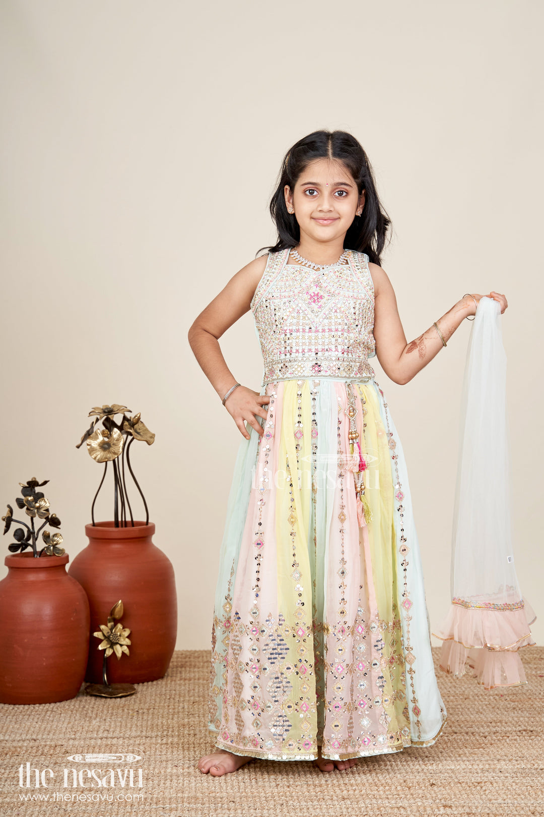 The Nesavu Girls Lehenga Choli Girls Multicolor Lehenga Choli With Mirror Embroidery And Tassels Nesavu 24 (5Y) / Multicolor GL783A-24 Nesavu Multicolor Lehenga Choli Girls Heavy Mirror Embroidery