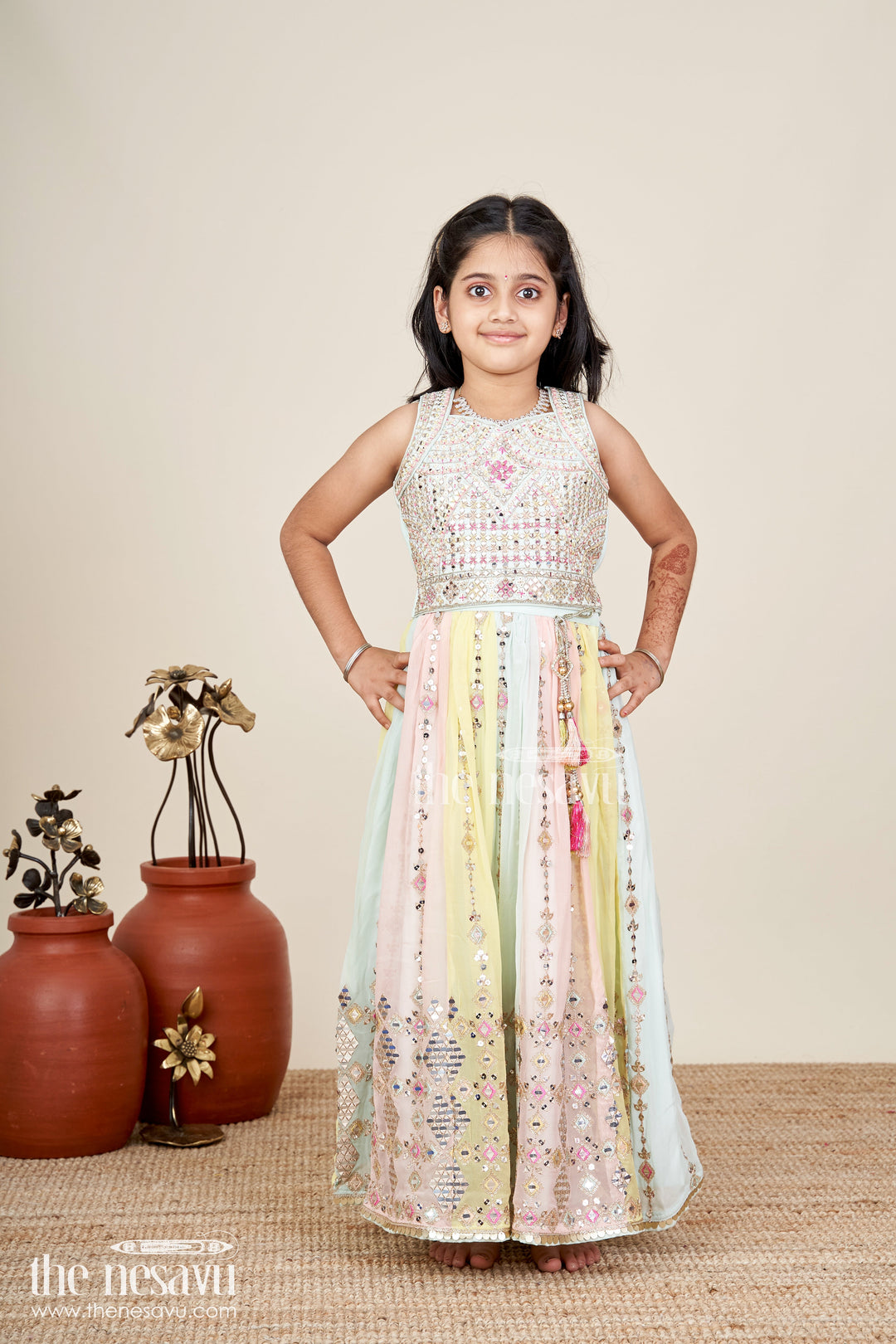 The Nesavu Girls Lehenga Choli Girls Multicolor Lehenga Choli With Mirror Embroidery And Tassels Nesavu Nesavu Multicolor Lehenga Choli Girls Heavy Mirror Embroidery