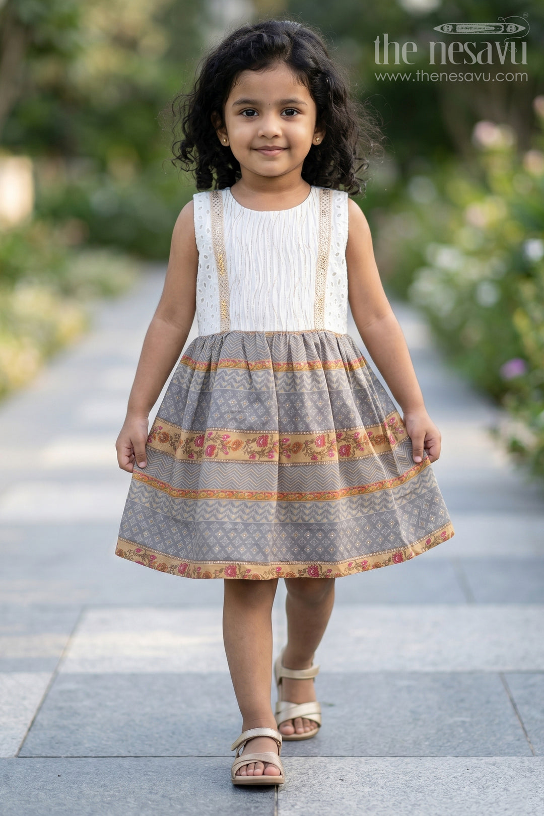The Nesavu Girls Fancy Frock Girls Muslin Silk Fancy Frock with Stripe Floral Borders and Eyelet Yoke in New Fancy Frock Style Nesavu 18 (2Y) / Gray GFC1732A-18 Girls new fancy frock Muslin Silk Printed Stripe Floral Skirt Embroidered Yoke | The Nesavu