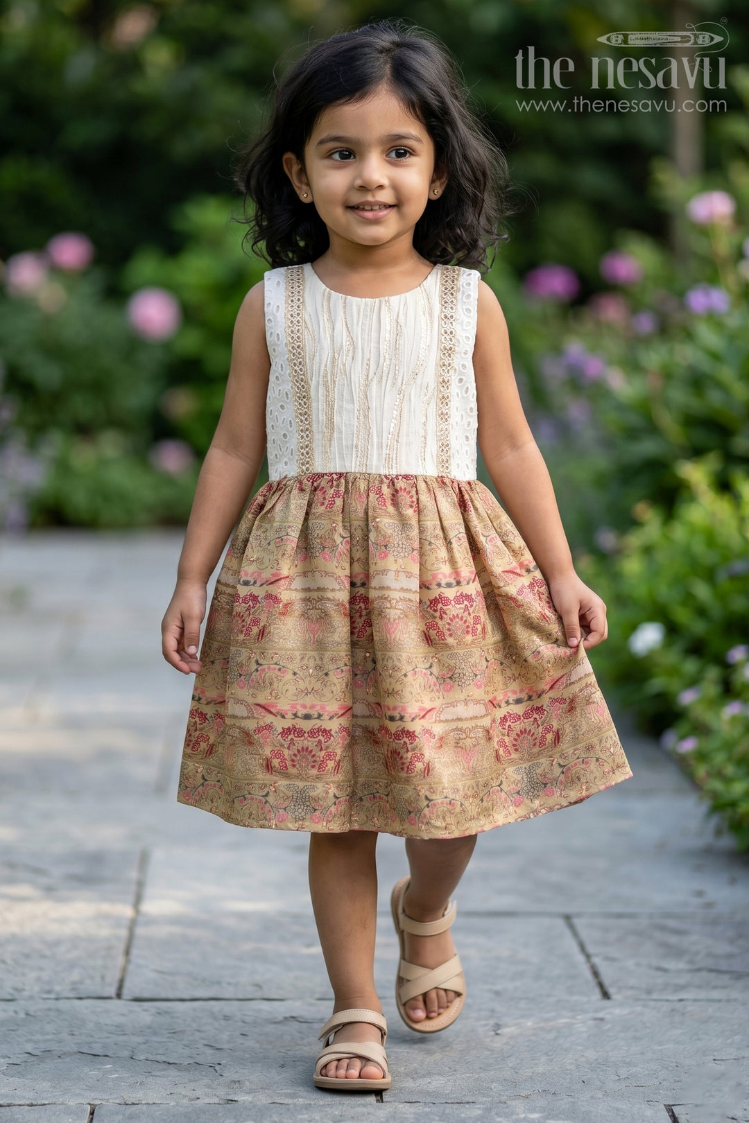 The Nesavu Girls Fancy Frock Girls Muslin Silk Frock with Heritage Floral Motifs and Eyelet Yoke in Green Color Frock Design Nesavu 18 (2Y) / Green GFC1733A-18 Girls green color frock design Muslin Silk Floral Motifs Embroidered Yoke | The Nesavu