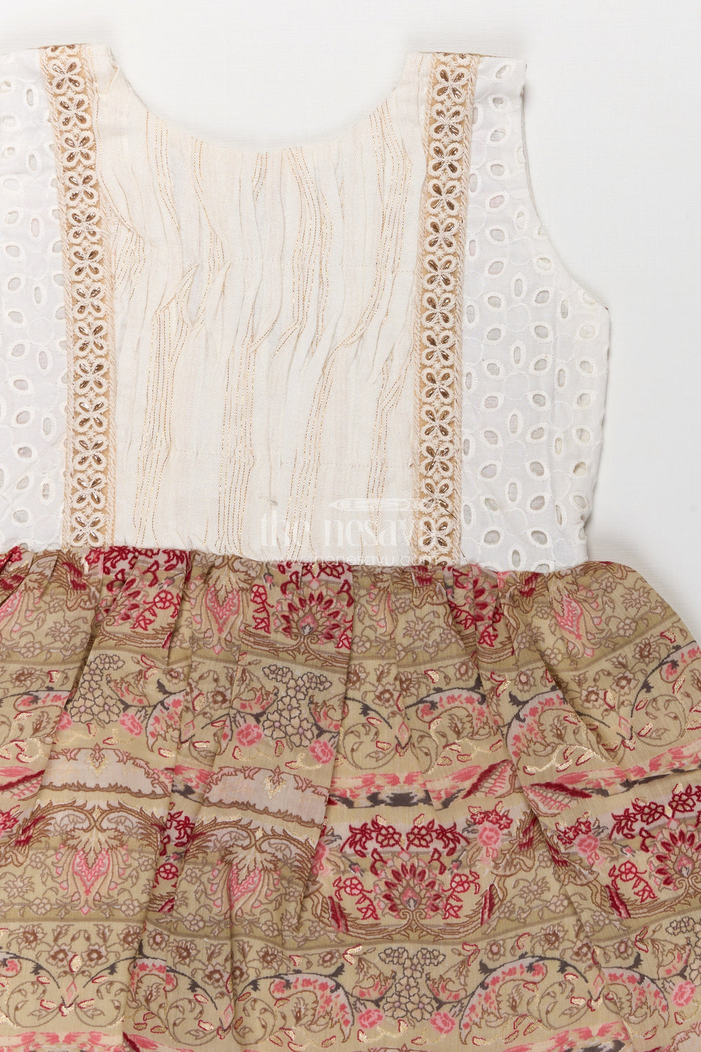 The Nesavu Girls Fancy Frock Girls Muslin Silk Frock with Heritage Floral Motifs and Eyelet Yoke in Green Color Frock Design Nesavu Girls green color frock design Muslin Silk Floral Motifs Embroidered Yoke | The Nesavu