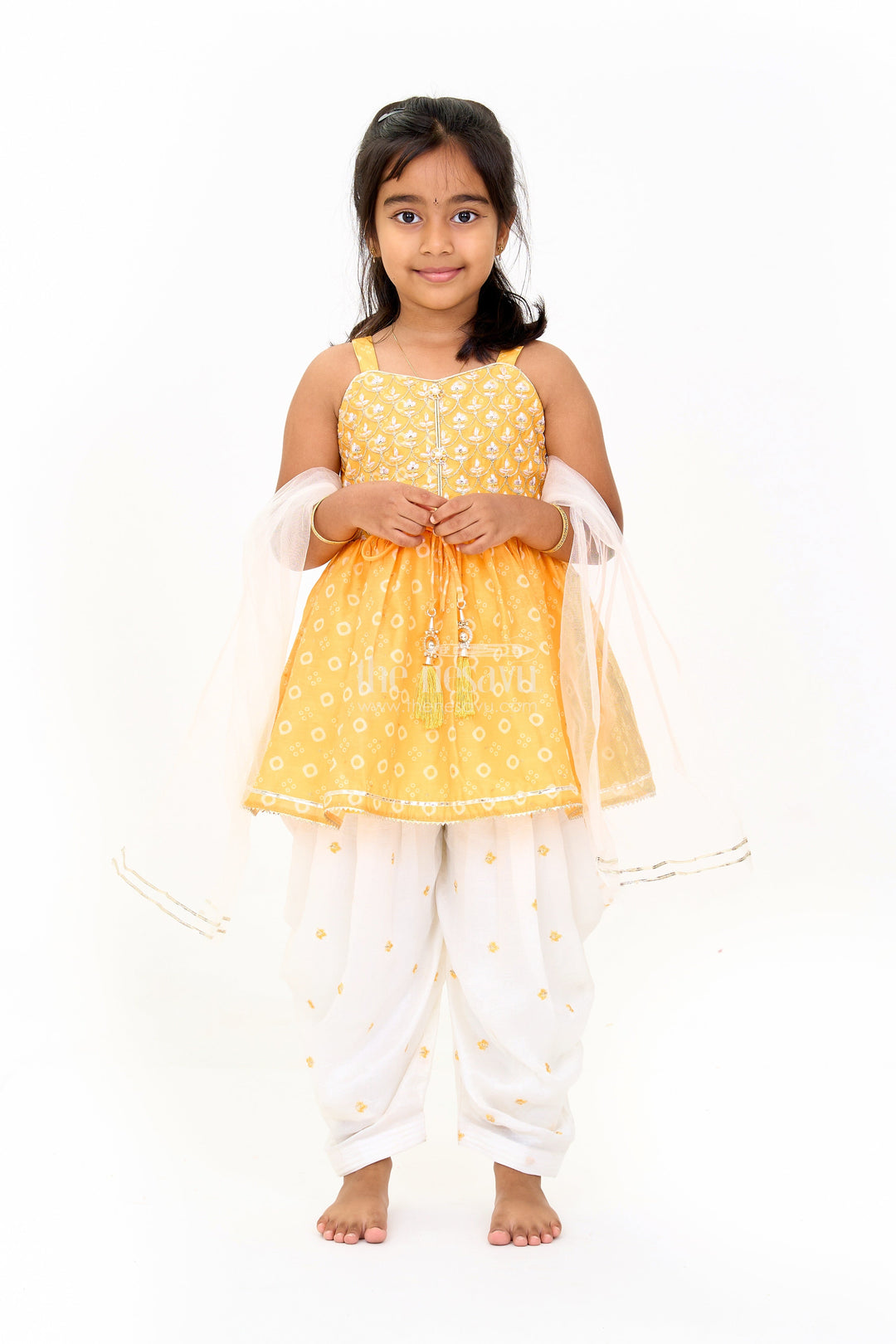 The Nesavu Girls Dothi Sets Girls Mustard Chinon Silk Peplum Set with White Dhoti Pants and Sleeveless Top for Festive Occasions Nesavu 16 (1Y) / Yellow GPS421A-16 Nesavu Girls Mustard Peplum Top White Dhoti Pants Set Embroidery Festive Occasions