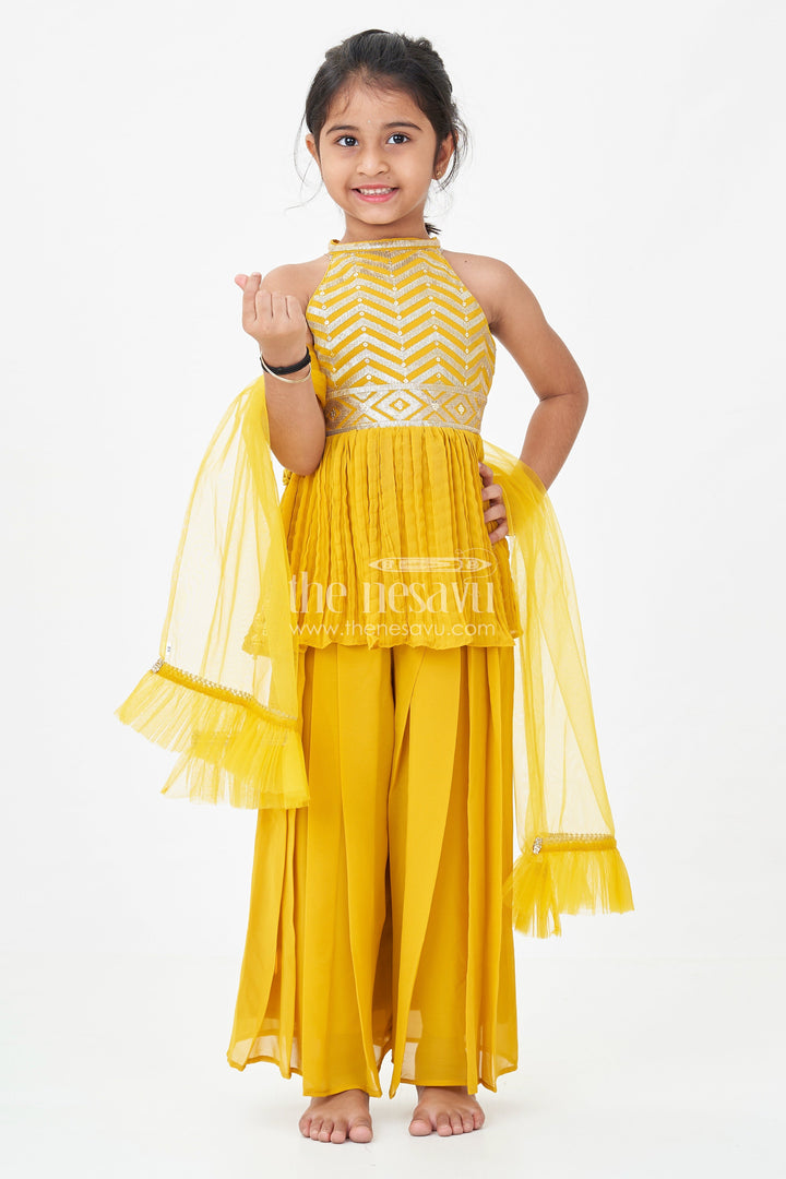 The Nesavu Girls Sharara / Plazo Set Girls Mustard Dress with Sharara in Georgette Featuring Ruffle Hem and Shimmering Chevron Design Nesavu Mustard Dress Sharara Girls Georgette Chevron Embroidery Ruffle Detail | The Nesavu