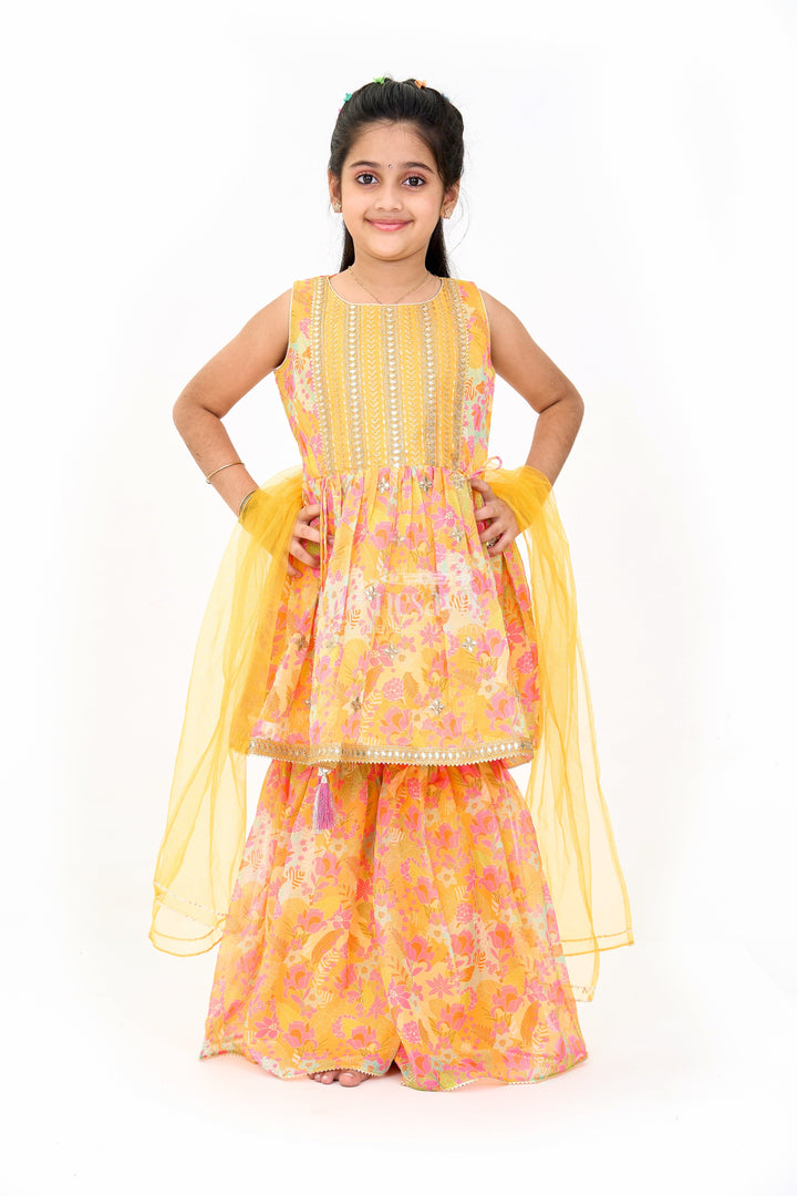 The Nesavu Girls Sharara / Plazo Set Girls Mustard Ethnic Sharara Dress with Floral Print and Sequin Detailing Nesavu 16 (1Y) / Yellow GPS505A-16 Nesavu Girls Mustard Sharara Dress Floral Print Sequin Embroidery Weddings