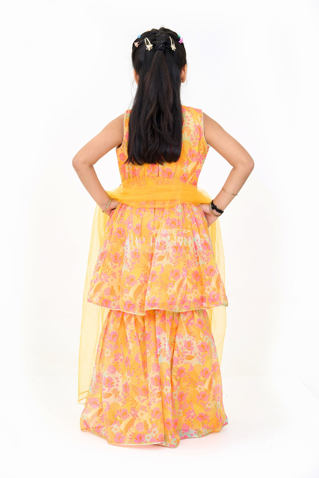 The Nesavu Girls Sharara / Plazo Set Girls Mustard Ethnic Sharara Dress with Floral Print and Sequin Detailing Nesavu Nesavu Girls Mustard Sharara Dress Floral Print Sequin Embroidery Weddings