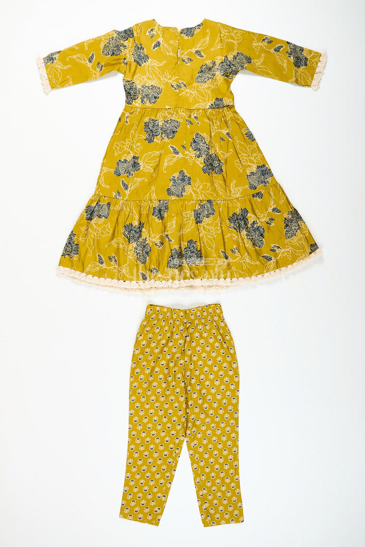 The Nesavu Girls Sharara / Plazo Set Girls mustard sharara set with black floral print for festive wear Nesavu Nesavu girls mustard sharara set with floral digital print and button-front kurti