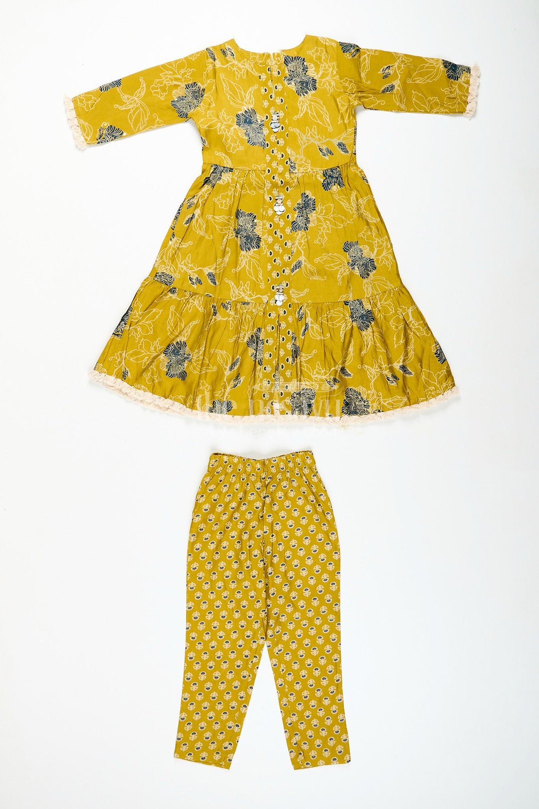 The Nesavu Girls Sharara / Plazo Set Girls mustard sharara set with black floral print for festive wear Nesavu Nesavu girls mustard sharara set with floral digital print and button-front kurti
