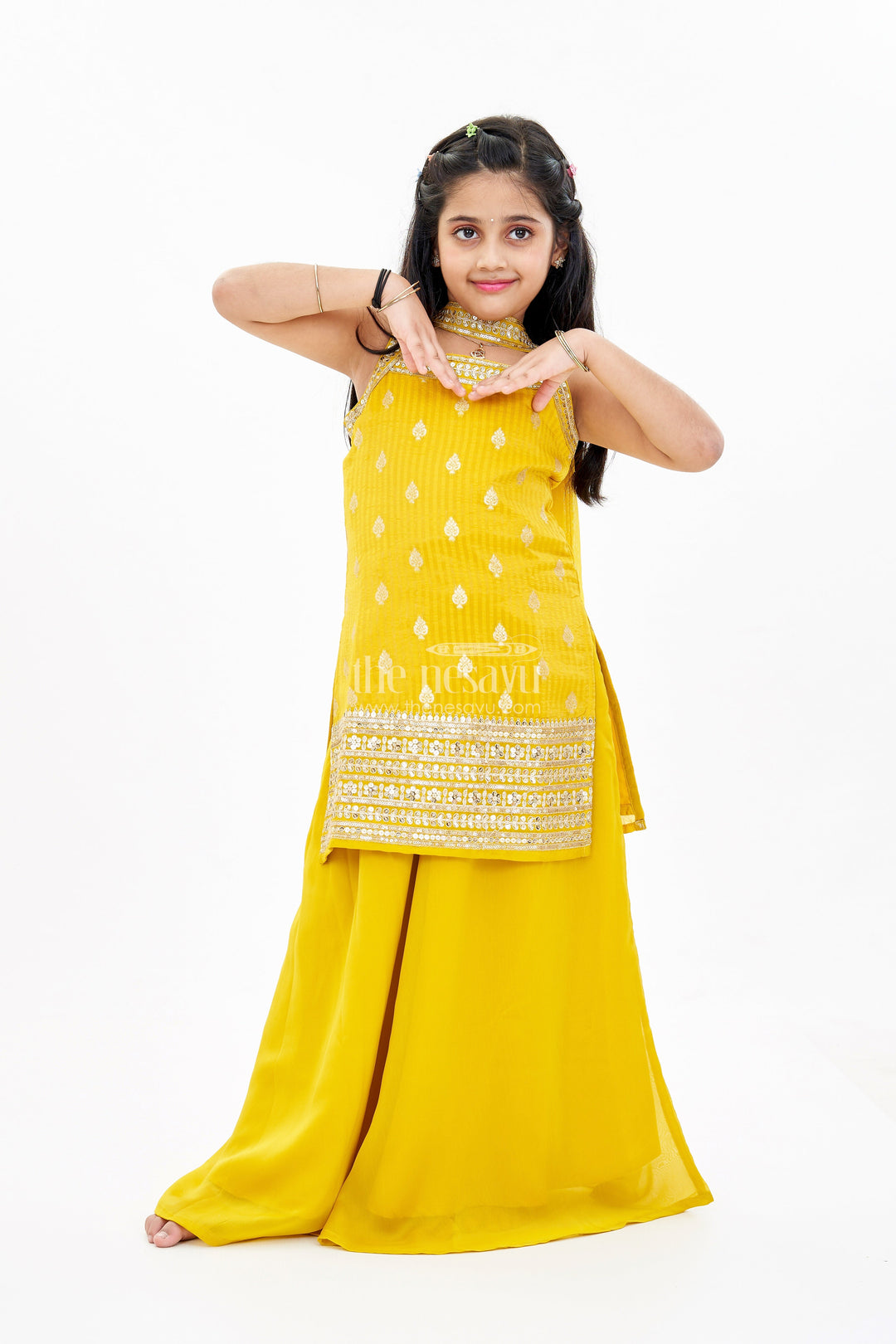 The Nesavu Girls Churidar Sets Girls Mustard Yellow Churidar Suit Set with Embellished Top and Dupatta in Georgette Nesavu 28 (7Y) / Yellow GPS555A-28 Nesavu Girls Mustard Yellow Churidar Suit Set Embellished Top Dupatta Georgette