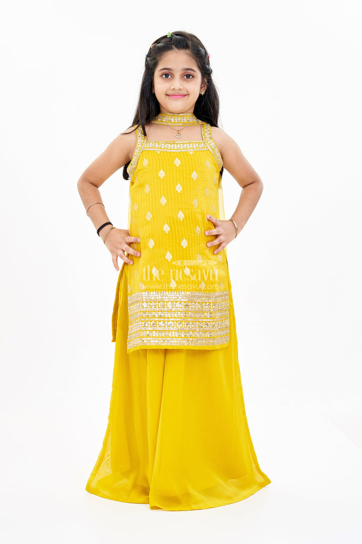 The Nesavu Girls Churidar Sets Girls Mustard Yellow Churidar Suit Set with Embellished Top and Dupatta in Georgette Nesavu Nesavu Girls Mustard Yellow Churidar Suit Set Embellished Top Dupatta Georgette