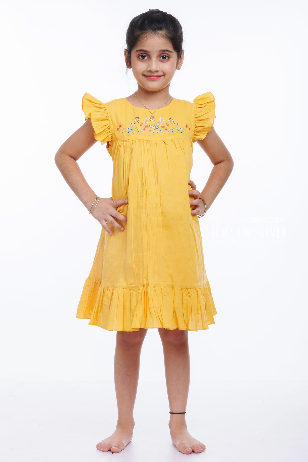 The Nesavu Girls Cotton Frock Girls Mustard Yellow Cotton Dress with Embroidery - A Summer Delight Nesavu 16 (1Y) / Yellow / Cotton GFC1307B-16 Bright Mustard Yellow Embroidered Cotton Dress for Girls | Chic Summer Collection | The Nesavu