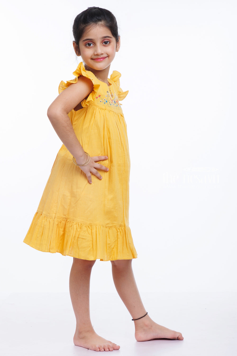 The Nesavu Girls Cotton Frock Girls Mustard Yellow Cotton Dress with Embroidery - A Summer Delight Nesavu Bright Mustard Yellow Embroidered Cotton Dress for Girls | Chic Summer Collection | The Nesavu