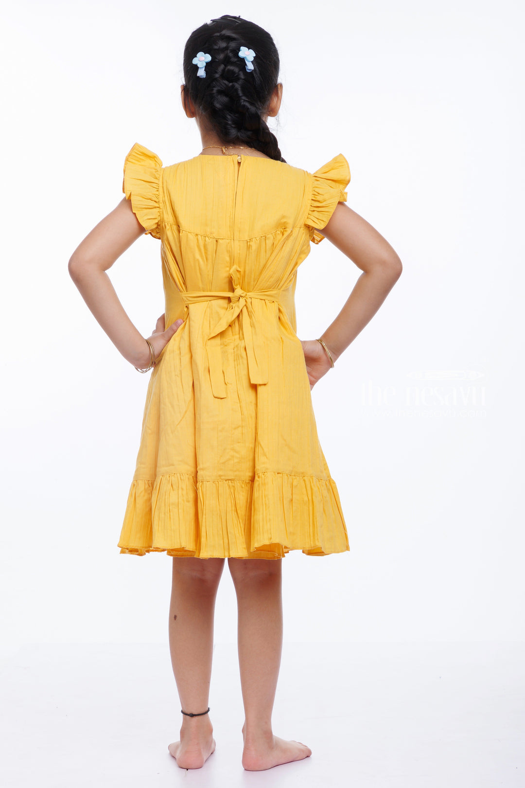 The Nesavu Girls Cotton Frock Girls Mustard Yellow Cotton Dress with Embroidery - A Summer Delight Nesavu Bright Mustard Yellow Embroidered Cotton Dress for Girls | Chic Summer Collection | The Nesavu