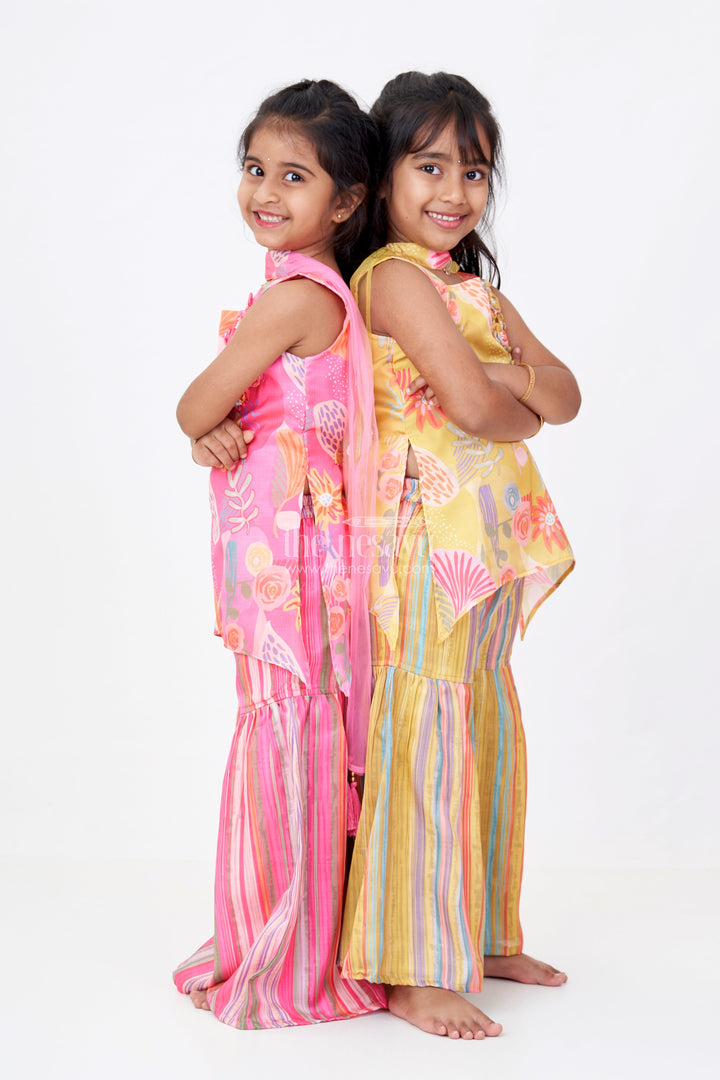 The Nesavu Girls Sharara / Plazo Set Girls Mustard Yellow Sharara with Floral Printed Top and Striped Flared Pants Nesavu Nesavu Girls Mustard Yellow Sharara Floral Printed Top Striped Flared Pants