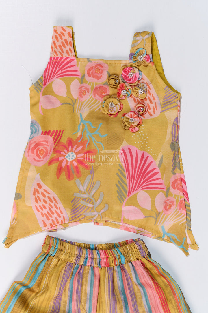 The Nesavu Girls Sharara / Plazo Set Girls Mustard Yellow Sharara with Floral Printed Top and Striped Flared Pants Nesavu Nesavu Girls Mustard Yellow Sharara Floral Printed Top Striped Flared Pants