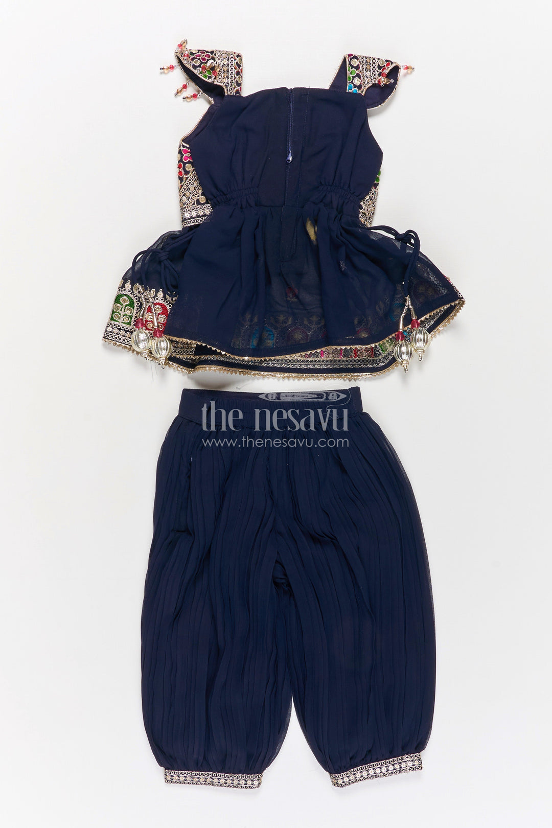 The Nesavu Girls Churidar Sets Girls Navy Blue Georgette Churidar Dress with Thread Embroidery and Colorful Sequins for Festive Charm Nesavu Girls Navy Blue Embroidered Georgette Churidar Dress Sequins Cultural Flair | The Nesavu