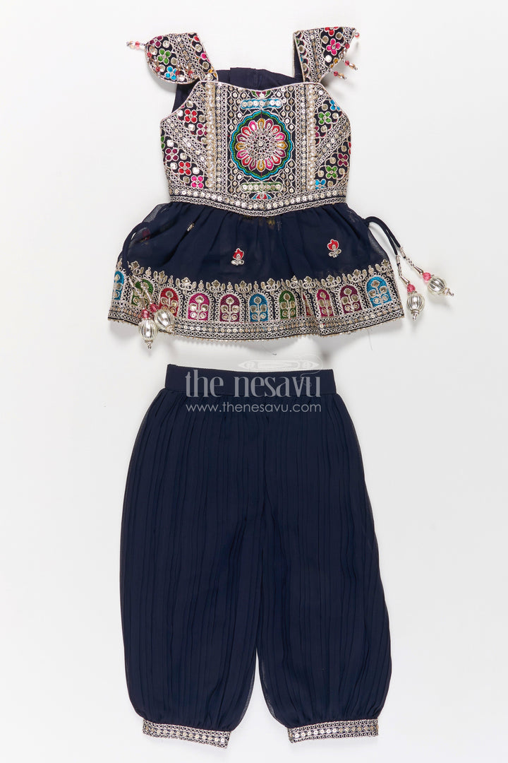The Nesavu Girls Churidar Sets Girls Navy Blue Georgette Churidar Dress with Thread Embroidery and Colorful Sequins for Festive Charm Nesavu Girls Navy Blue Embroidered Georgette Churidar Dress Sequins Cultural Flair | The Nesavu