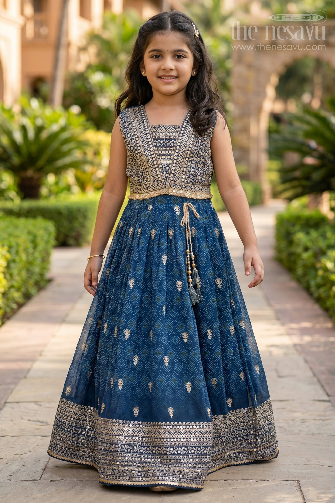 The Nesavu Girls Lehenga Choli Girls Navy Blue Pure Georgette Lehenga Choli with Silver Embroidery and Geometric Pattern Detailing Nesavu 28 (7Y) / Blue GL521A-28 Nesavu Girls Navy Blue Georgette Lehenga Choli Silver Geometric Embroidery Pleated Skirt