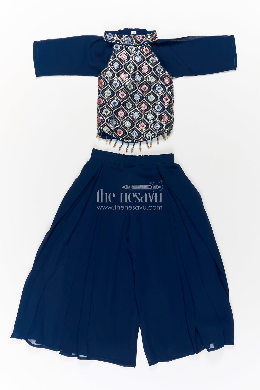 The Nesavu Girls Sharara / Plazo Set Girls Navy Blue Sharara Set with Embroidered Yoke and Flared Plazo in Navy Blue Sharara Style Nesavu 18 (2Y) / Blue GPS333D-18 Nesavu Girls Navy Blue Georgette Sharara Set Embroidery Flowy Palazzo Bottoms