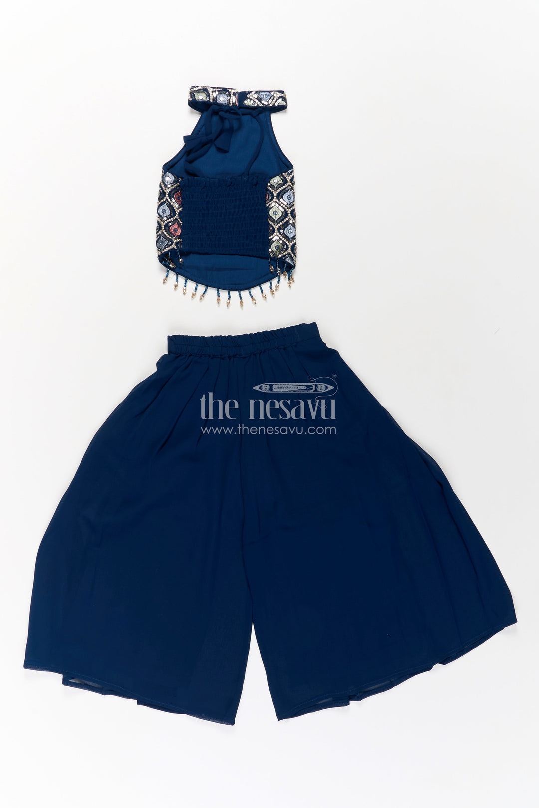 The Nesavu Girls Sharara / Plazo Set Girls Navy Blue Sharara Set with Embroidered Yoke and Flared Plazo in Navy Blue Sharara Style Nesavu Nesavu Girls Navy Blue Georgette Sharara Set Embroidery Flowy Palazzo Bottoms