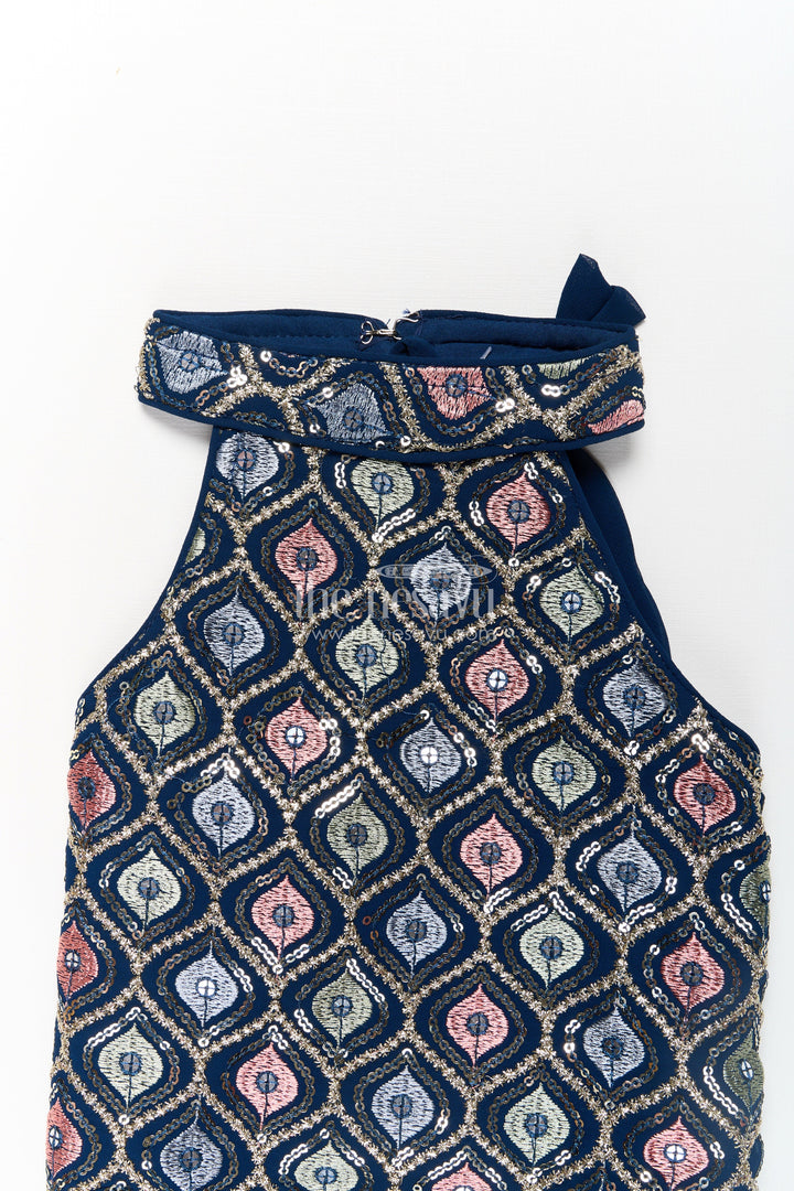 The Nesavu Girls Sharara / Plazo Set Girls Navy Blue Sharara Set with Embroidered Yoke and Flared Plazo in Navy Blue Sharara Style Nesavu Nesavu Girls Navy Blue Georgette Sharara Set Embroidery Flowy Palazzo Bottoms