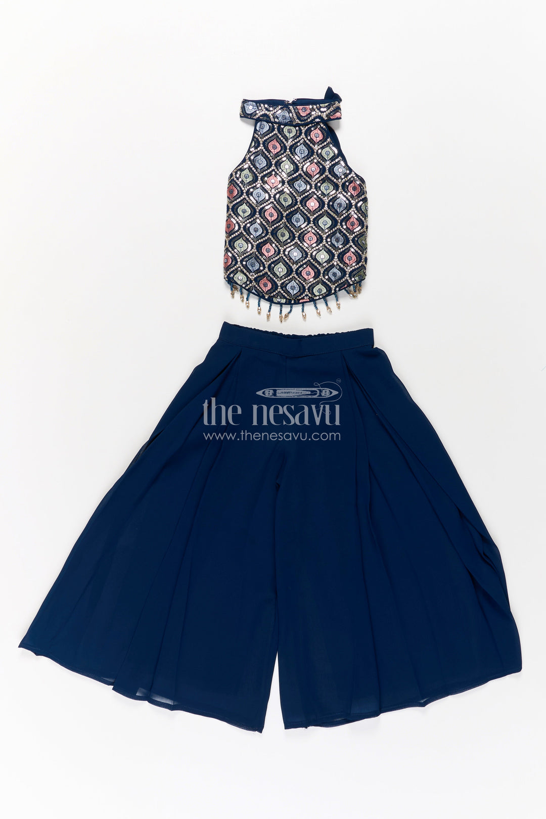The Nesavu Girls Sharara / Plazo Set Girls Navy Blue Sharara Set with Embroidered Yoke and Flared Plazo in Navy Blue Sharara Style Nesavu Nesavu Girls Navy Blue Georgette Sharara Set Embroidery Flowy Palazzo Bottoms