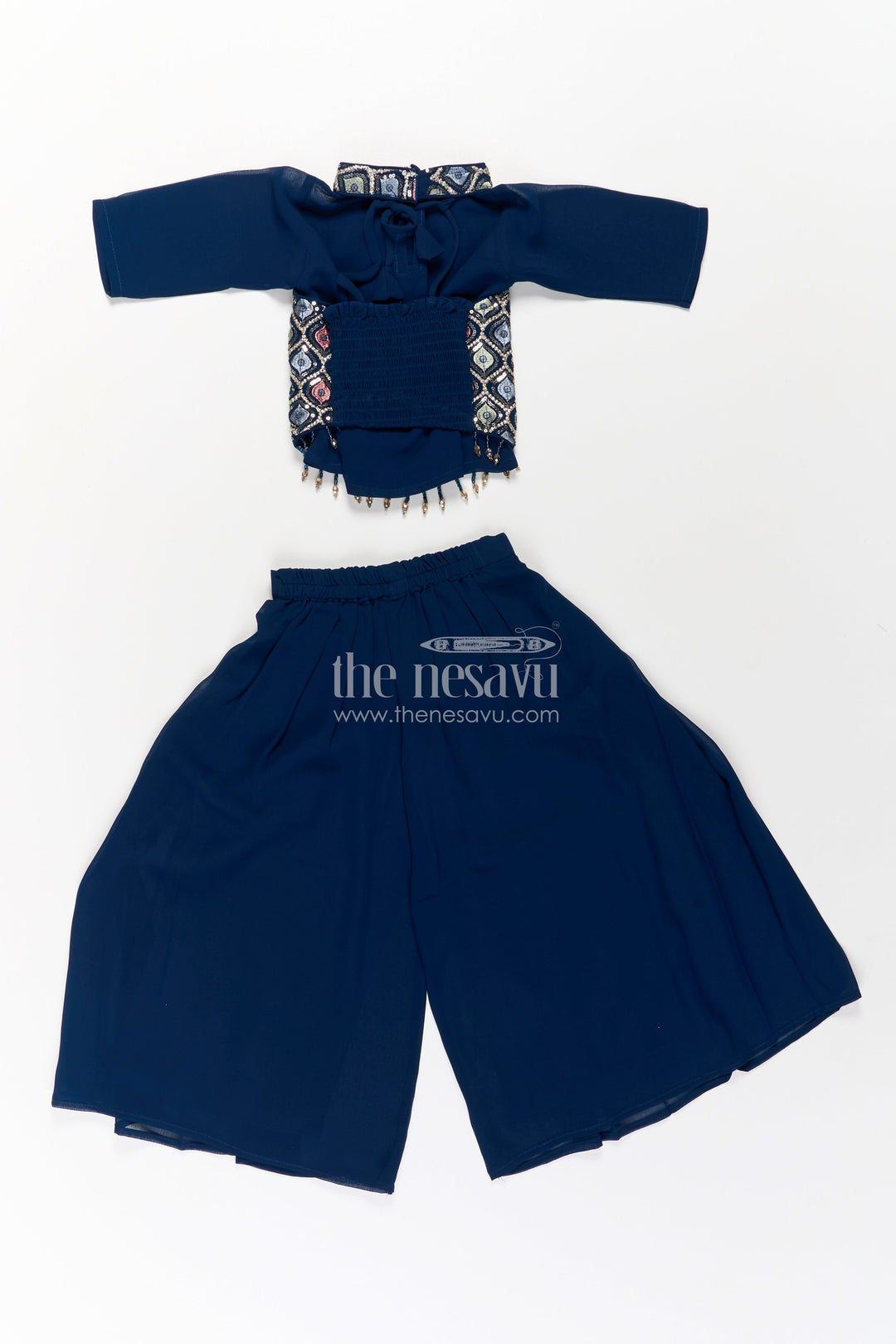 The Nesavu Girls Sharara / Plazo Set Girls Navy Blue Sharara Set with Embroidered Yoke and Flared Plazo in Navy Blue Sharara Style Nesavu Nesavu Girls Navy Blue Georgette Sharara Set Embroidery Flowy Palazzo Bottoms