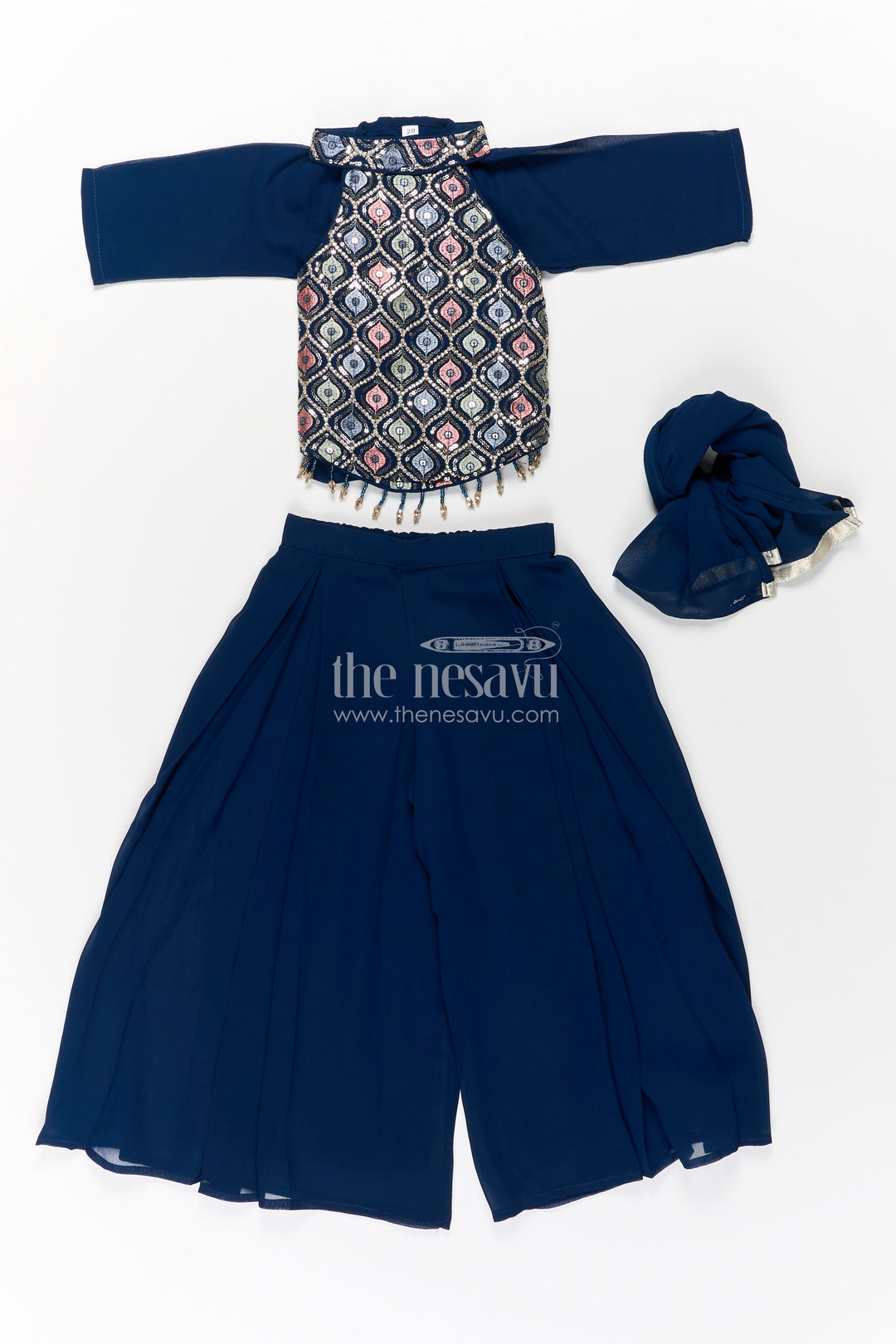 The Nesavu Girls Sharara / Plazo Set Girls Navy Blue Sharara Set with Embroidered Yoke and Flared Plazo in Navy Blue Sharara Style Nesavu Nesavu Girls Navy Blue Georgette Sharara Set Embroidery Flowy Palazzo Bottoms