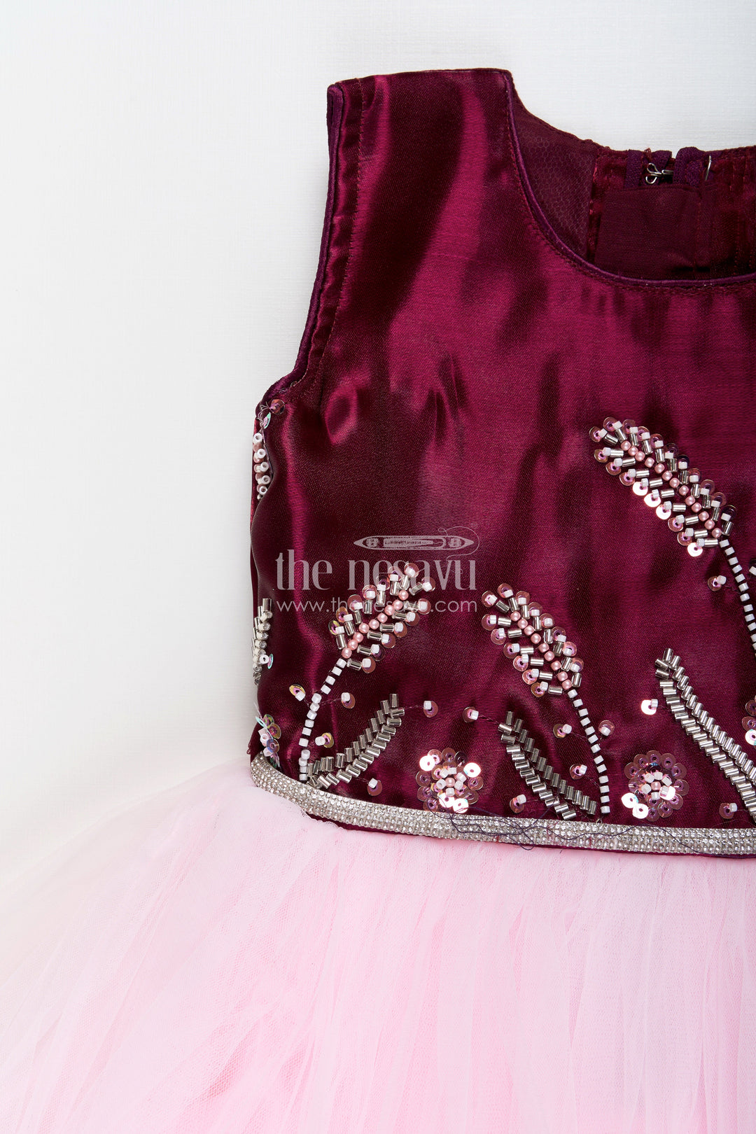 The Nesavu Girls Party Gown Girls net party gown with embroidered yoke for birthdays and celebrations Nesavu Nesavu girls satin net party gown embroidered yoke birthdays festive occasions