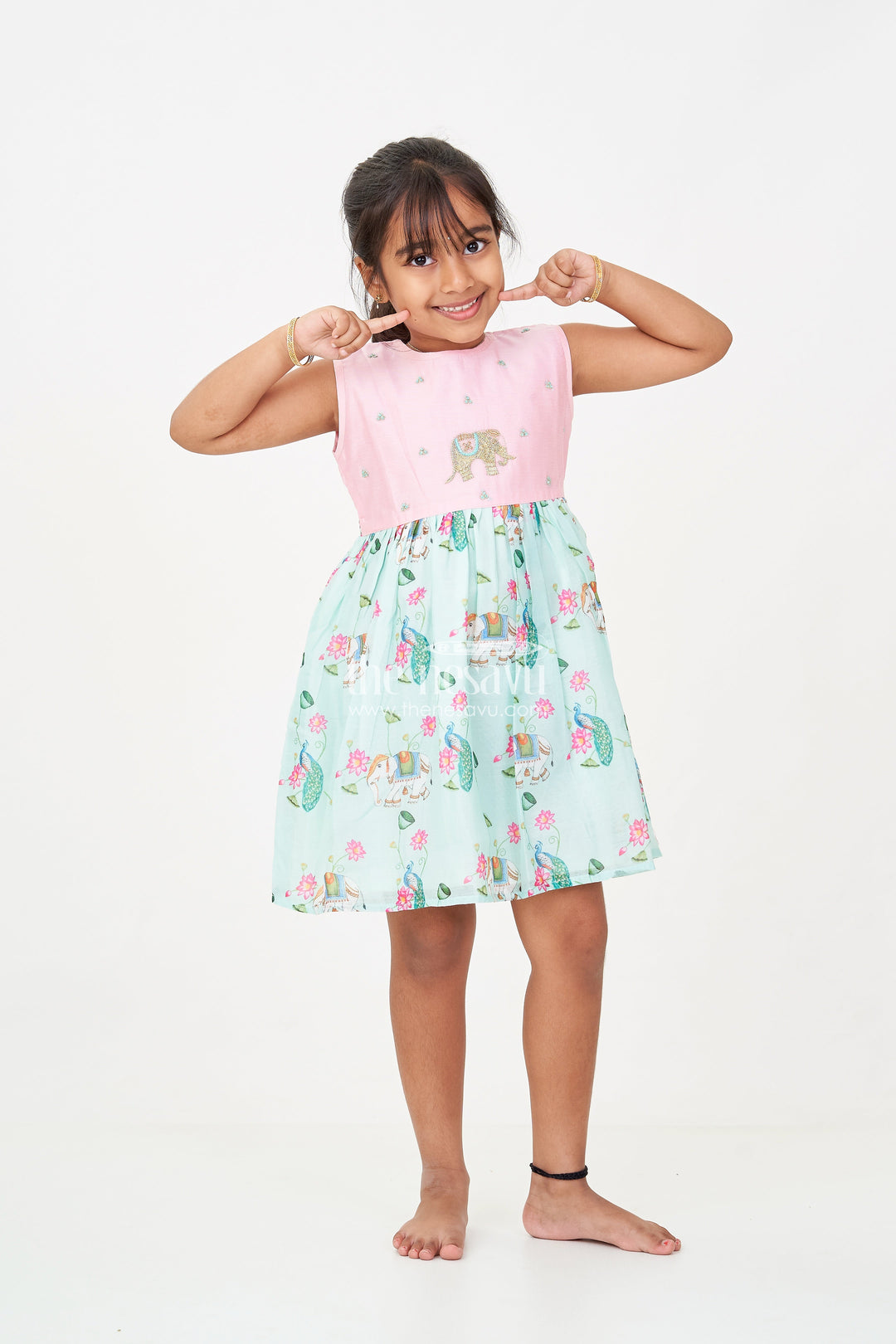 The Nesavu Girls Chanderi Frock Girls New Designs Frock in Chanderi with Sequins and Pichwai Printed Skirt Bottom Nesavu 16 (1Y) / Pink GFC1685A-16 Nesavu Girls Chanderi Frock Sequin Embroidery Pichwai Digital Print New Designs
