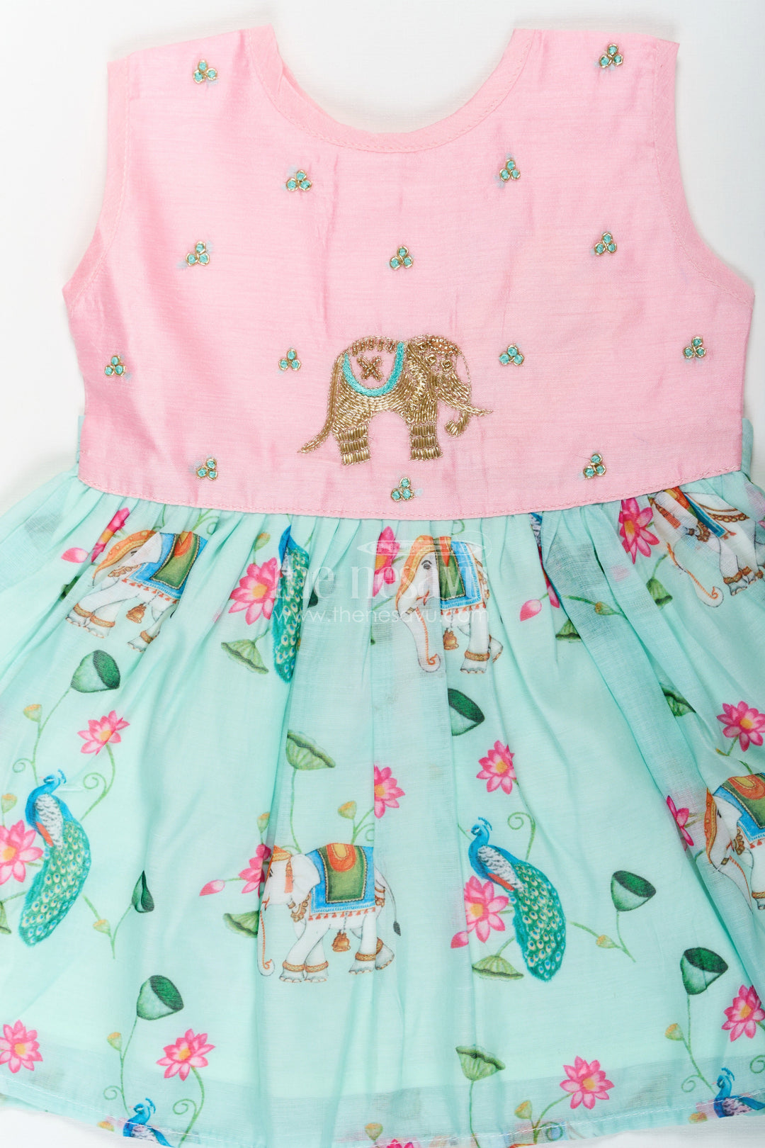 The Nesavu Girls Chanderi Frock Girls New Designs Frock in Chanderi with Sequins and Pichwai Printed Skirt Bottom Nesavu Nesavu Girls Chanderi Frock Sequin Embroidery Pichwai Digital Print New Designs