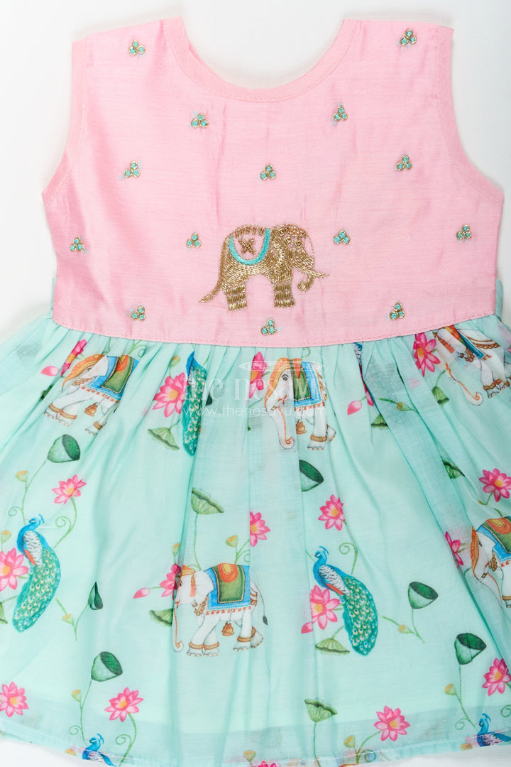 The Nesavu Girls Chanderi Frock Girls New Designs Frock in Chanderi with Sequins and Pichwai Printed Skirt Bottom Nesavu Nesavu Girls Chanderi Frock Sequin Embroidery Pichwai Digital Print New Designs